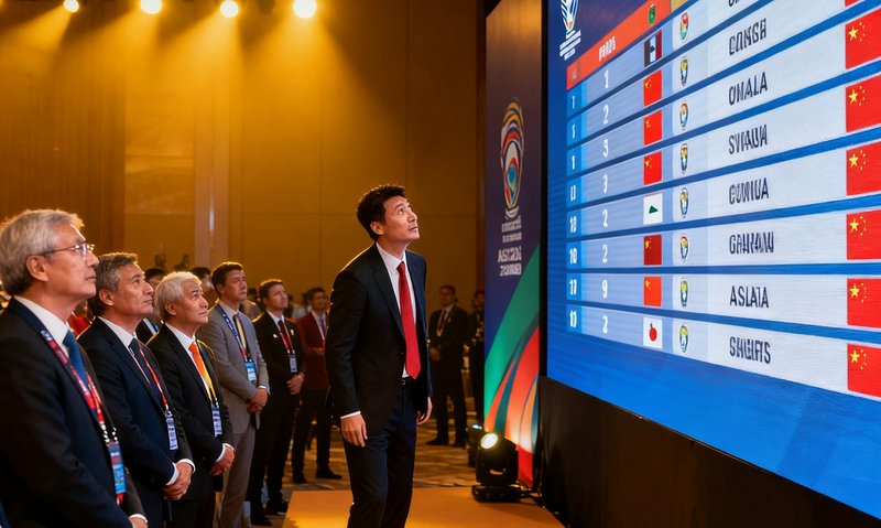 2025年亚洲杯分组抽签仪式现场，各国代表队教练齐聚一堂，大屏幕滚动展示分组结果，中国队代表神情专注